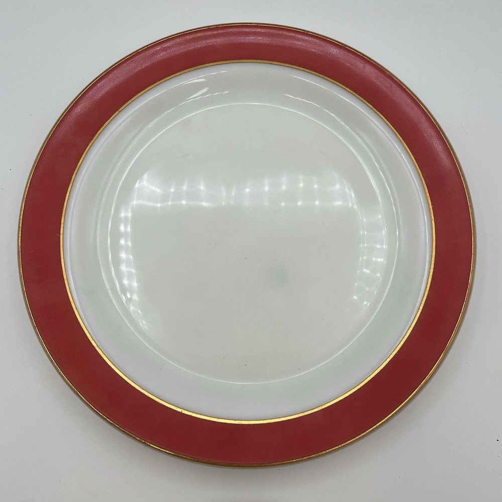 MCM Pyrex Pink Flamingo 12" Milk Glass Chop Cake Serving Plate W/Gold Metal Band